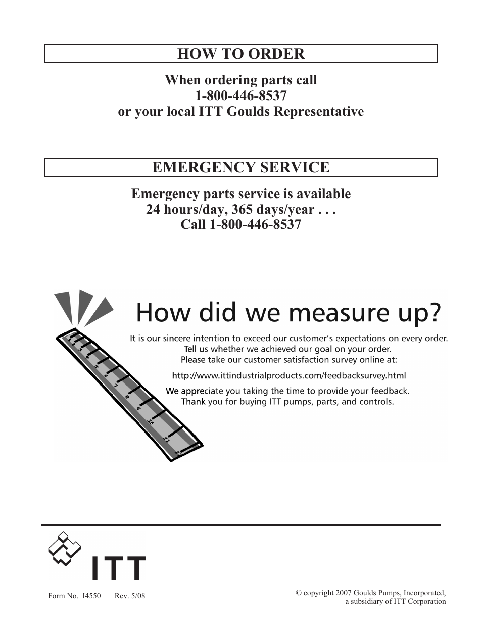 How to order, Emergency service | Goulds Pumps 4550 - IOM User Manual | Page 36 / 36