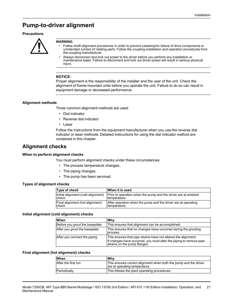 Pump-to-driver alignment, Alignment checks | Goulds Pumps 7200CB - IOM User Manual | Page 23 / 132