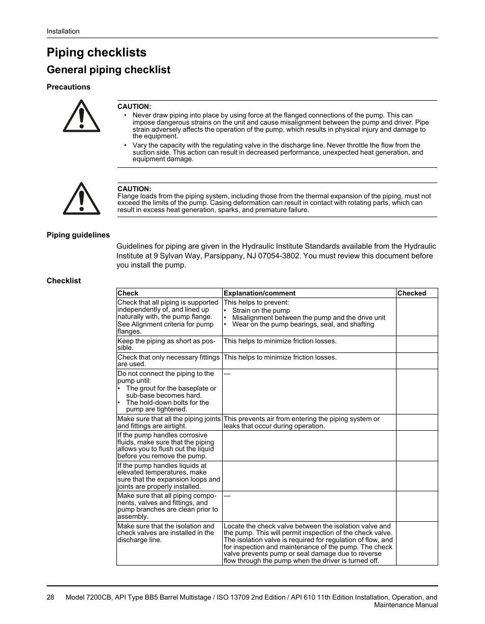 Piping checklists, General piping checklist | Goulds Pumps 7200CB - IOM User Manual | Page 30 / 132