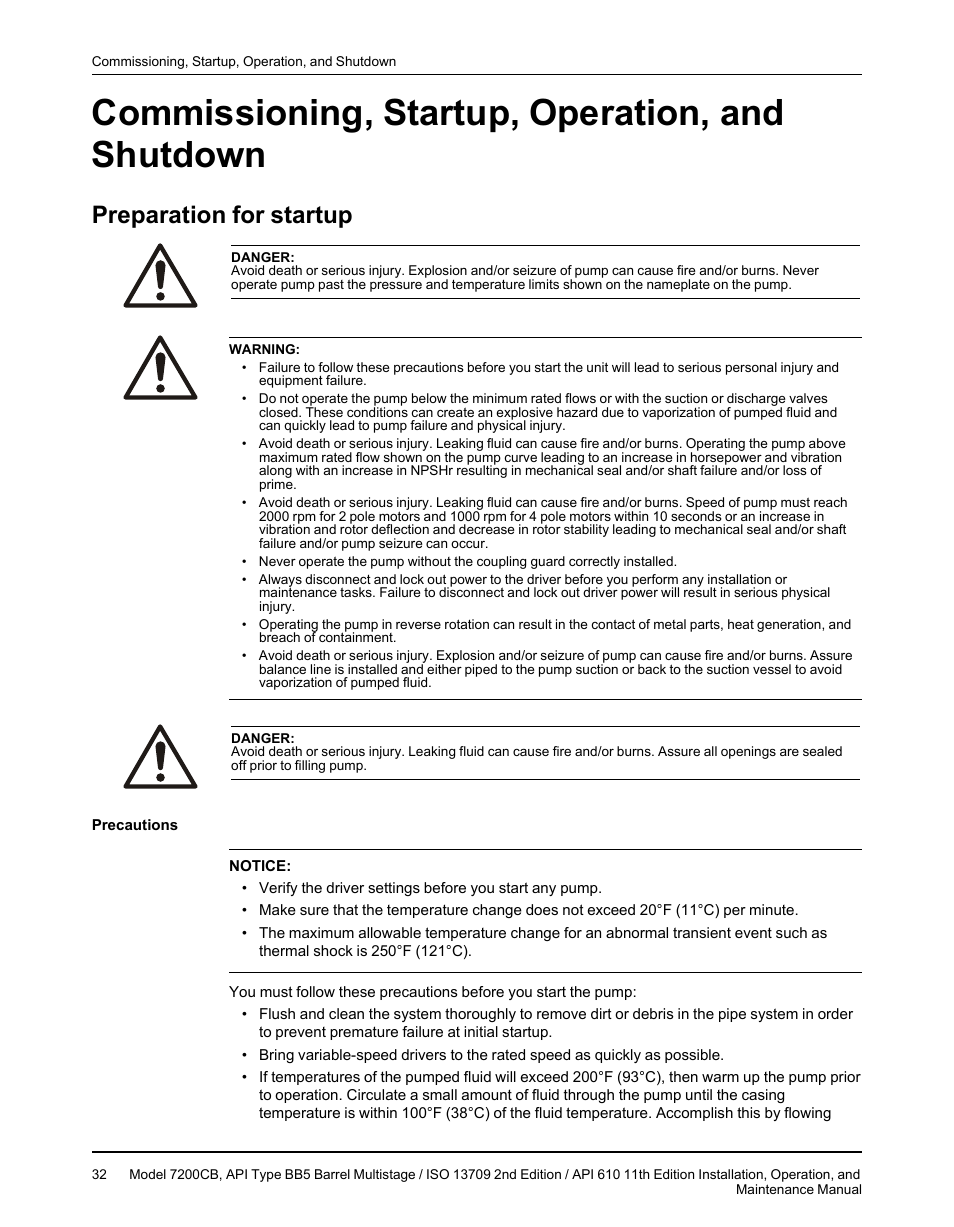 Commissioning, startup, operation, and shutdown, Preparation for startup | Goulds Pumps 7200CB - IOM User Manual | Page 34 / 132