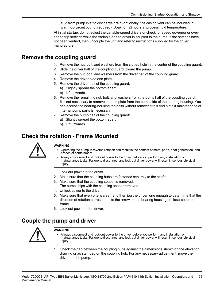 Remove the coupling guard, Check the rotation - frame mounted, Couple the pump and driver | Goulds Pumps 7200CB - IOM User Manual | Page 35 / 132