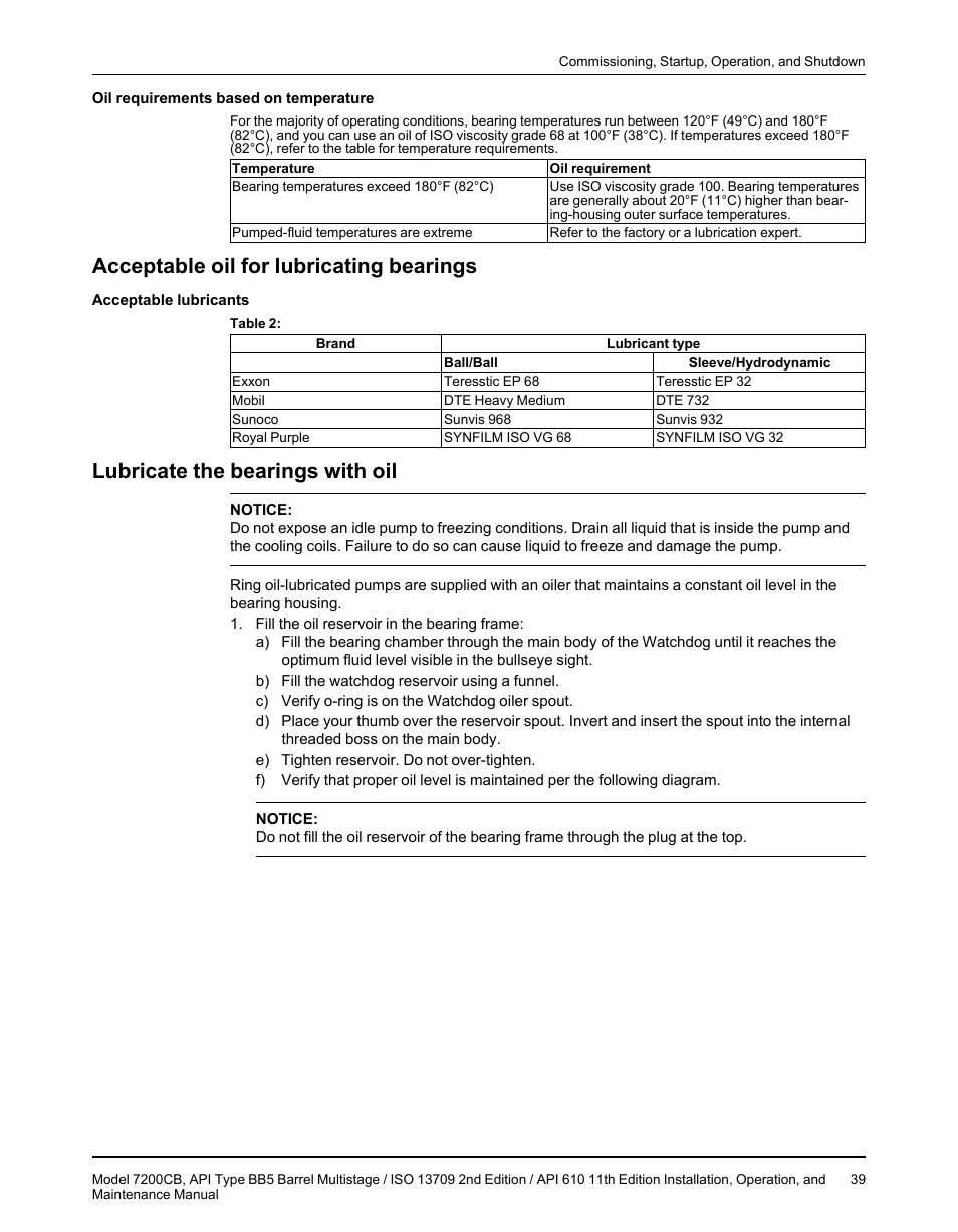 Acceptable oil for lubricating bearings, Lubricate the bearings with oil | Goulds Pumps 7200CB - IOM User Manual | Page 41 / 132