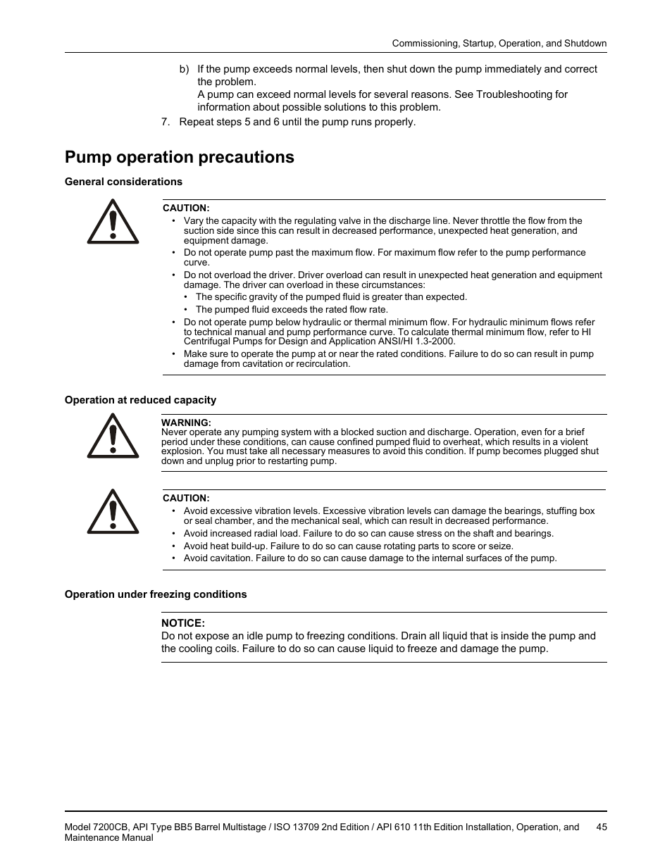 Pump operation precautions | Goulds Pumps 7200CB - IOM User Manual | Page 47 / 132