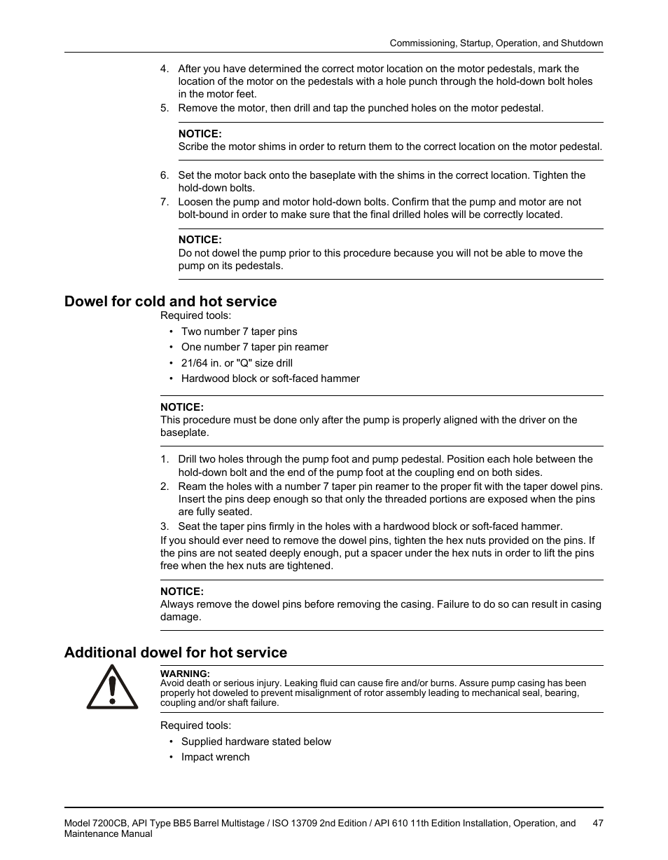 Dowel for cold and hot service, Additional dowel for hot service | Goulds Pumps 7200CB - IOM User Manual | Page 49 / 132