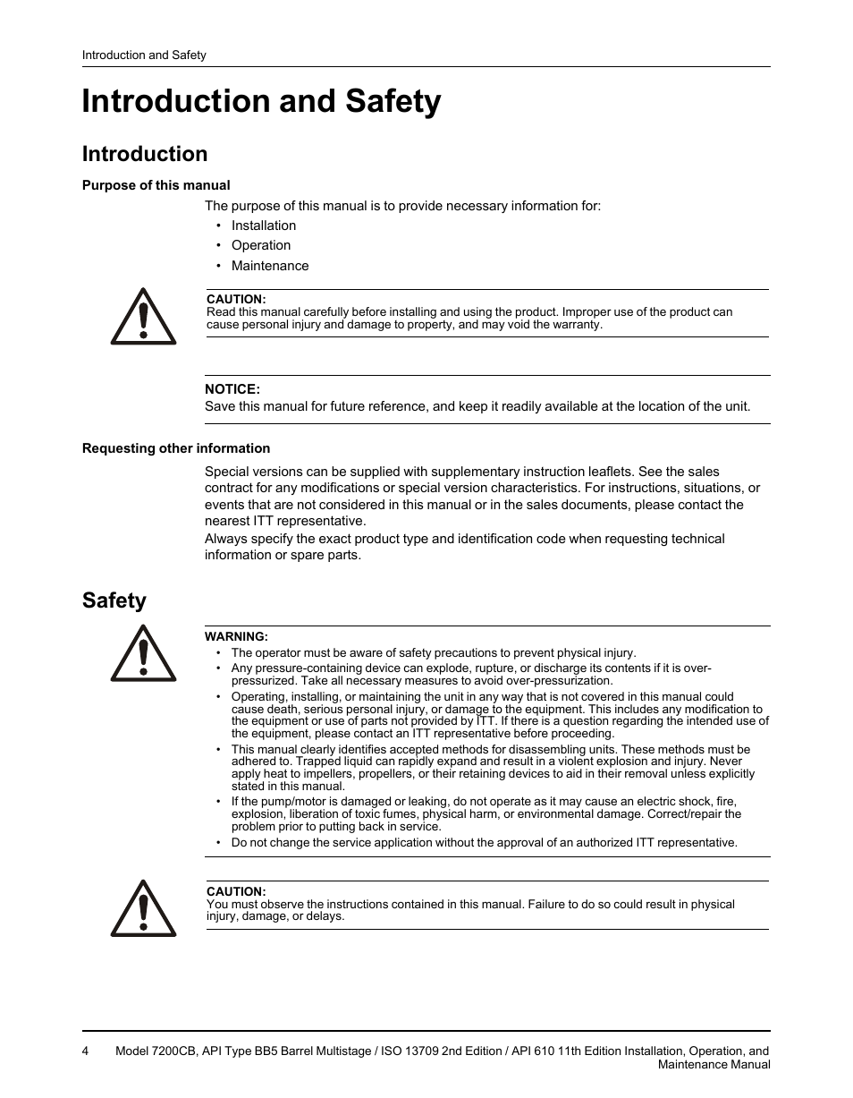 Introduction and safety, Introduction, Safety | Introduction safety | Goulds Pumps 7200CB - IOM User Manual | Page 6 / 132