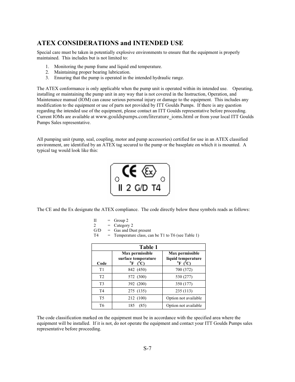 Atex considerations and intended use, Table 1 | Goulds Pumps ANSI FAMILY IOM (ATEX Compliant) User Manual | Page 13 / 56