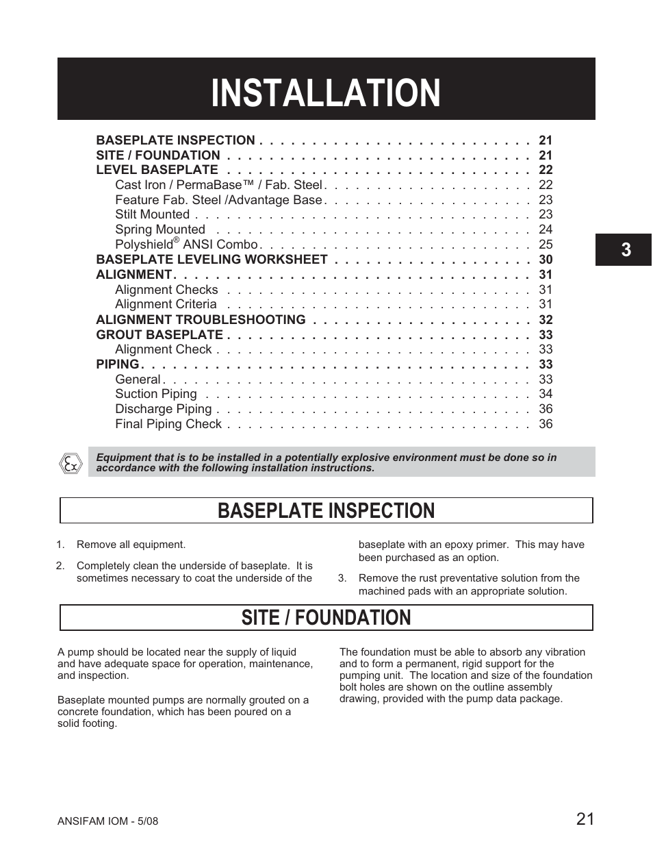 Installation, Baseplate inspection, Site / foundation | Goulds Pumps ANSI FAMILY IOM (ATEX Compliant) User Manual | Page 23 / 56