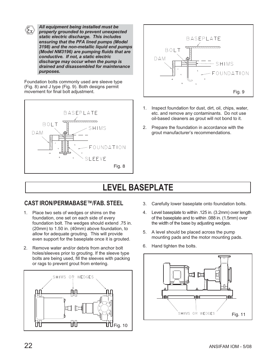 Level baseplate, Cast iron/permabase™/fab. steel | Goulds Pumps ANSI FAMILY IOM (ATEX Compliant) User Manual | Page 24 / 56