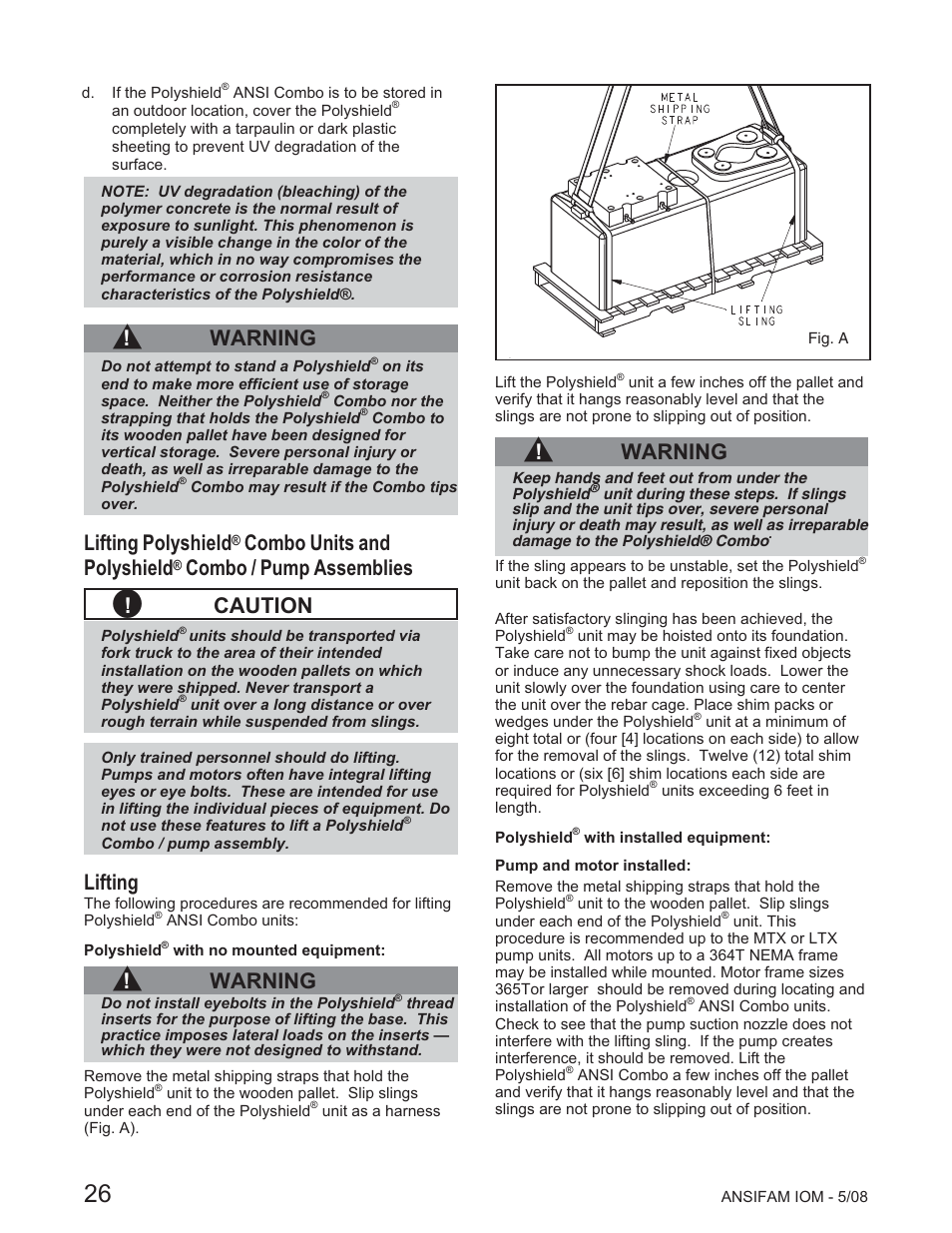 Warning, Lifting polyshield, Combo units and polyshield | Combo / pump assemblies, Caution, Lifting | Goulds Pumps ANSI FAMILY IOM (ATEX Compliant) User Manual | Page 28 / 56