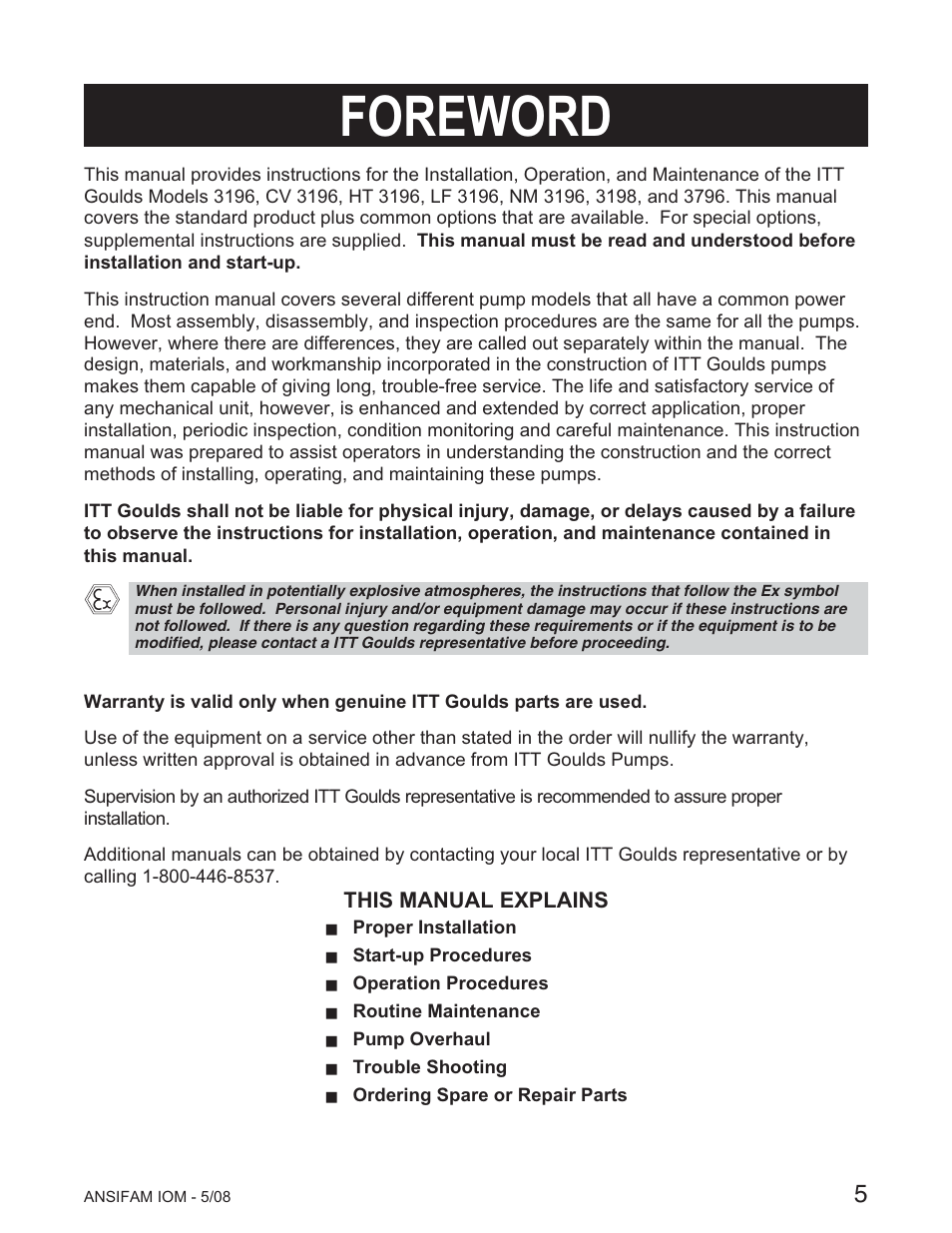 Foreword | Goulds Pumps ANSI FAMILY IOM (ATEX Compliant) User Manual | Page 3 / 56