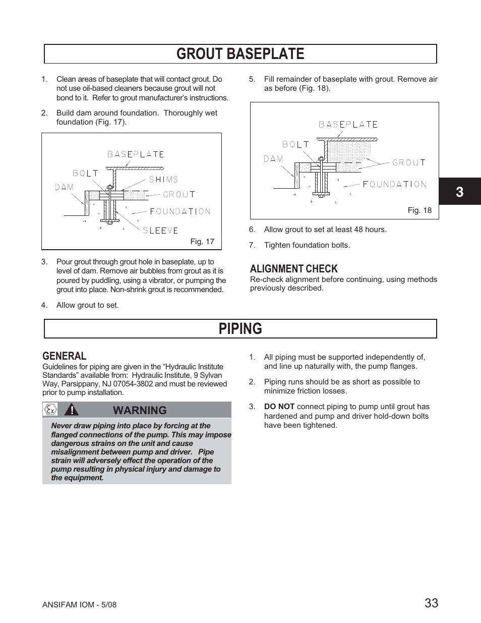 Grout baseplate, Piping | Goulds Pumps ANSI FAMILY IOM (ATEX Compliant) User Manual | Page 35 / 56