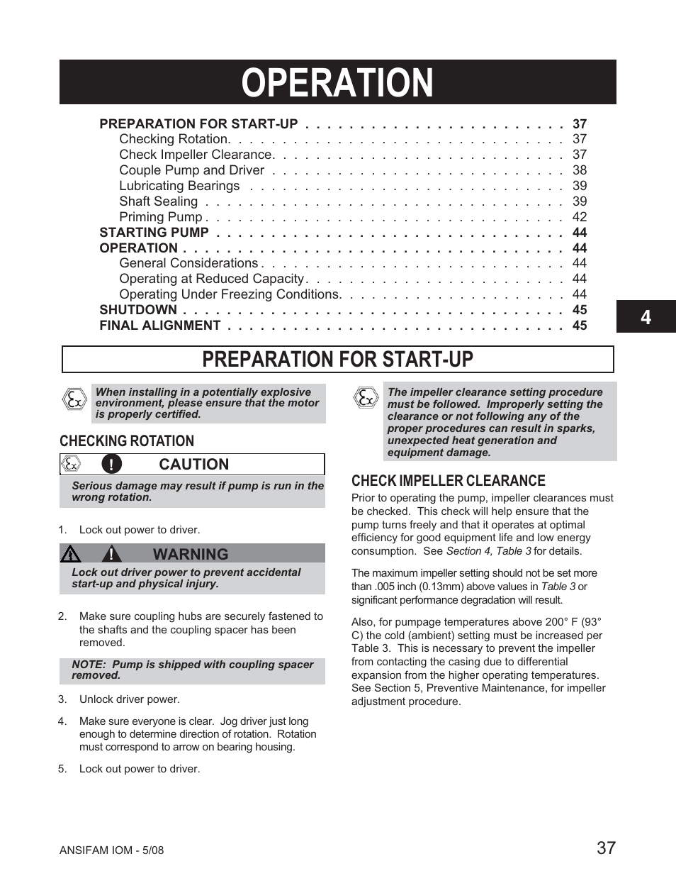 Operation, Preparation for start-up | Goulds Pumps ANSI FAMILY IOM (ATEX Compliant) User Manual | Page 39 / 56