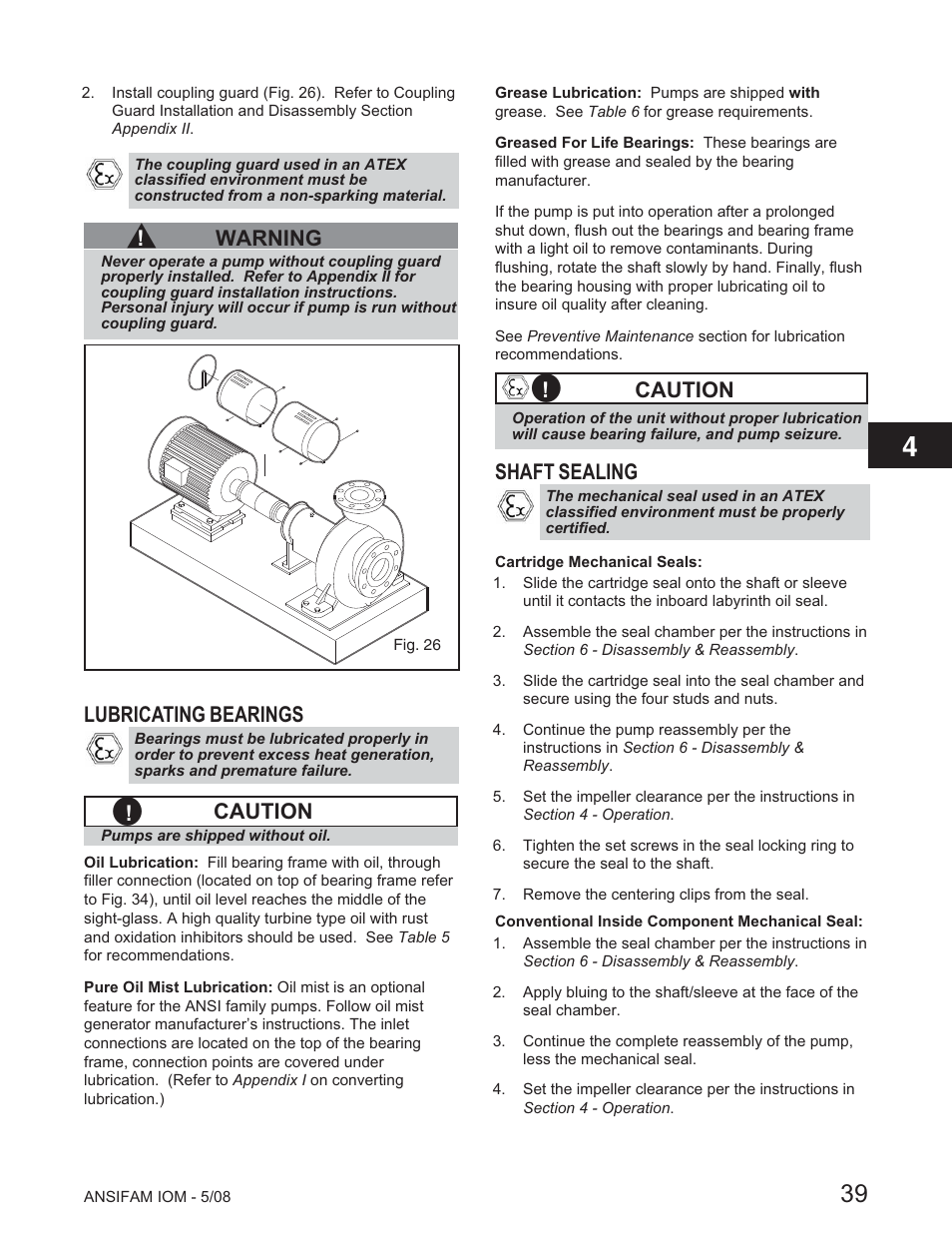 Warning, Lubricating bearings, Caution | Shaft sealing | Goulds Pumps ANSI FAMILY IOM (ATEX Compliant) User Manual | Page 41 / 56