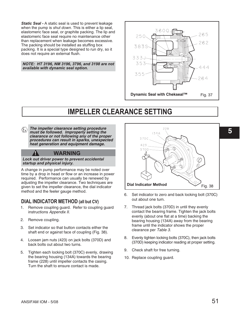 Impeller clearance setting, Warning, Dial indicator method | Goulds Pumps ANSI FAMILY IOM (ATEX Compliant) User Manual | Page 53 / 56