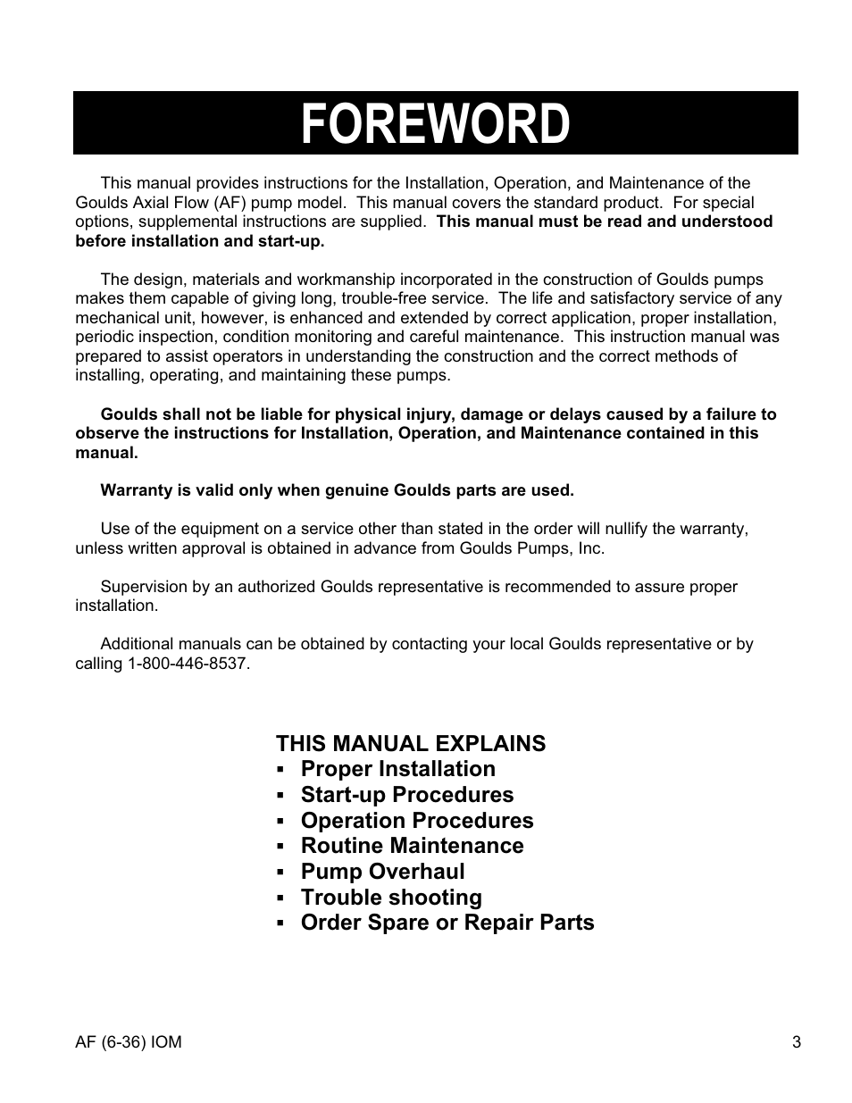 Foreword | Goulds Pumps AF (Axial Flow) (6"-36) MXR Bearings" User Manual | Page 2 / 72