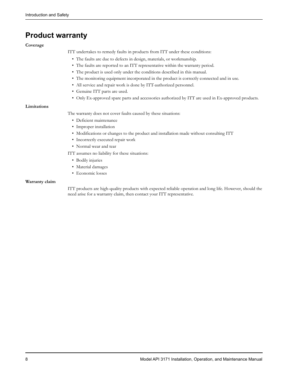 Product warranty | Goulds Pumps API 3171 - IOM User Manual | Page 10 / 66