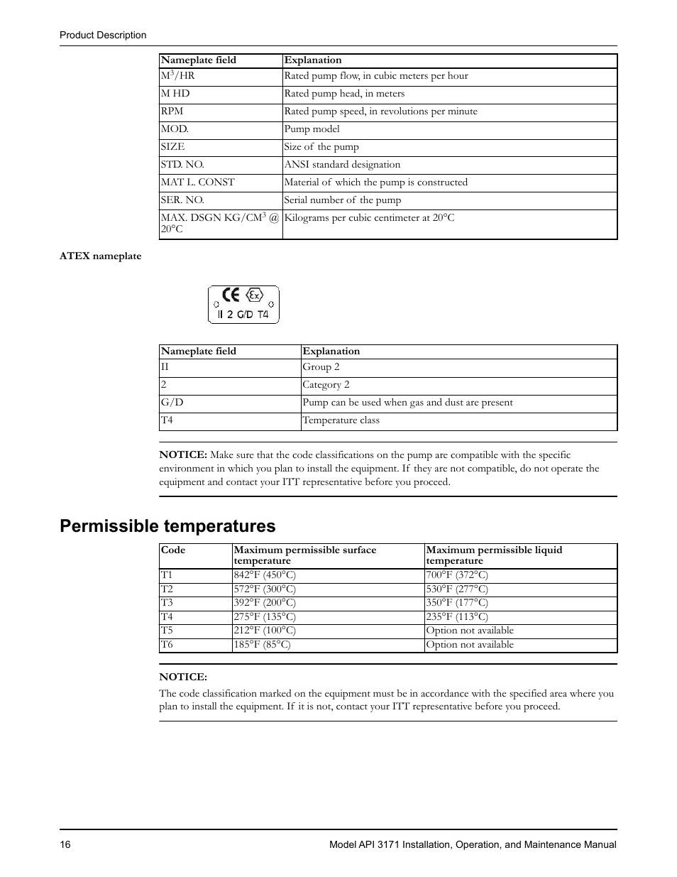 Permissible temperatures, Missible temperatures | Goulds Pumps API 3171 - IOM User Manual | Page 18 / 66