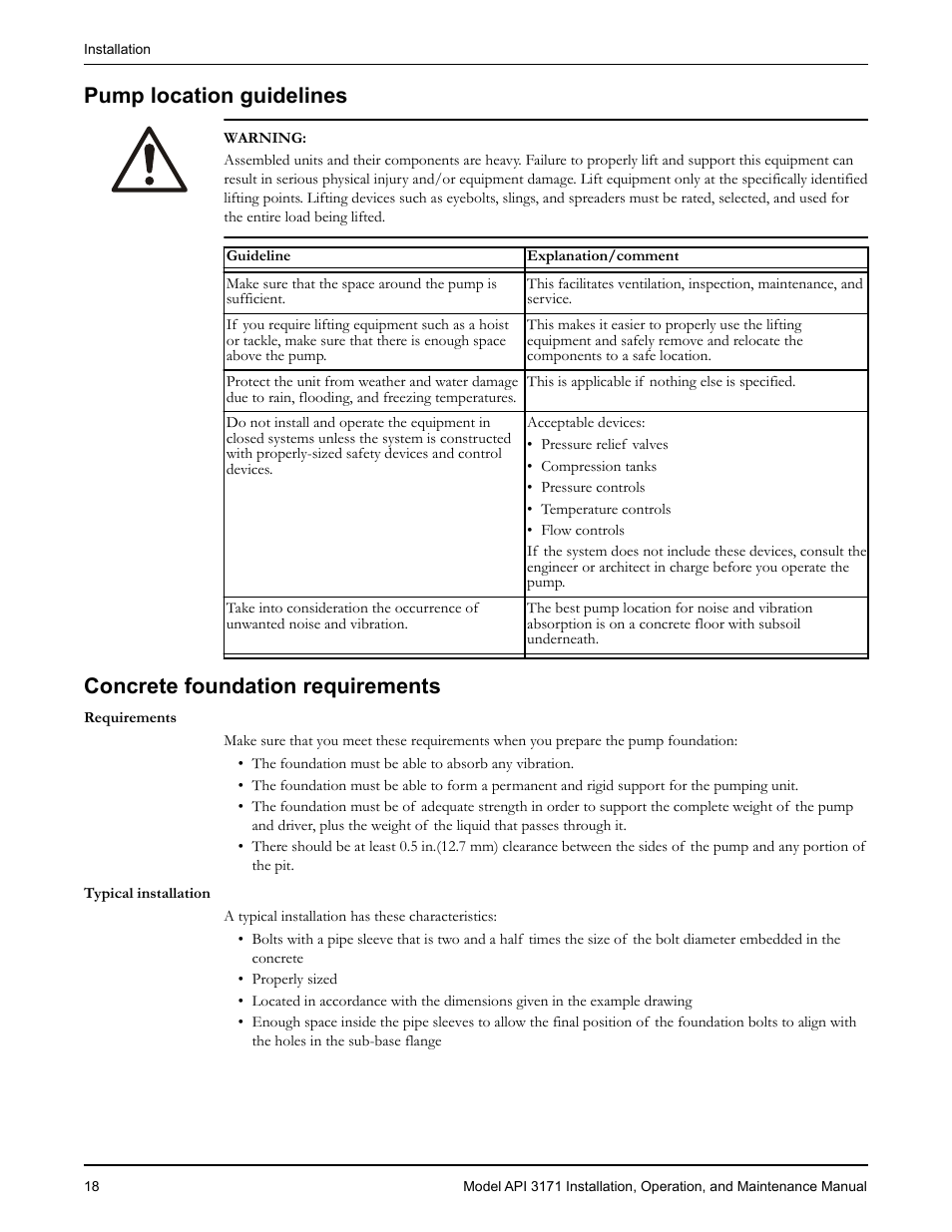 Pump location guidelines, Concrete foundation requirements | Goulds Pumps API 3171 - IOM User Manual | Page 20 / 66