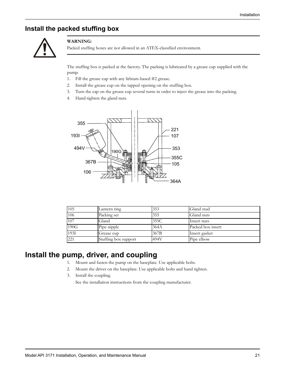 Install the packed stuffing box, Install the pump, driver, and coupling | Goulds Pumps API 3171 - IOM User Manual | Page 23 / 66