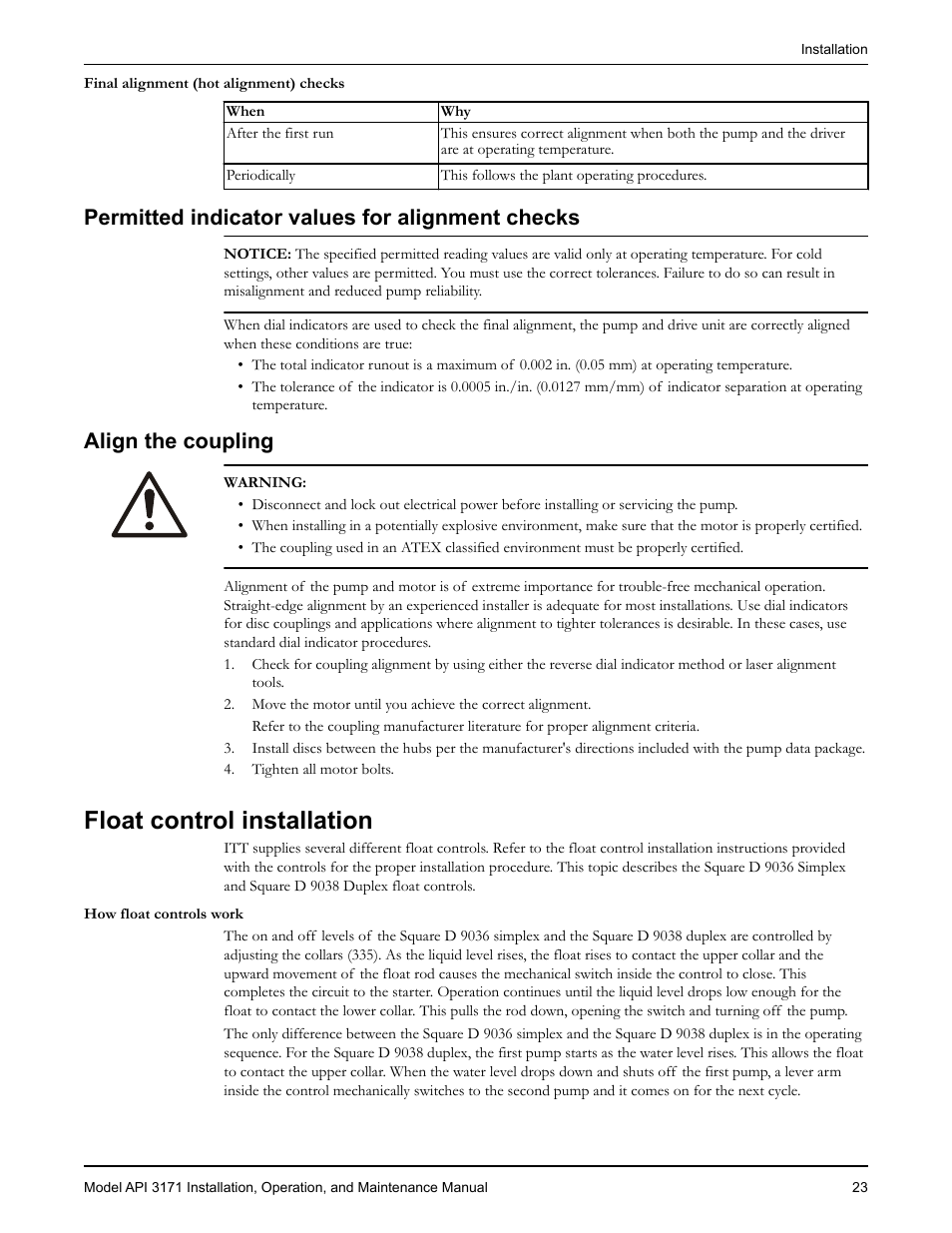 Permitted indicator values for alignment checks, Align the coupling, Float control installation | Goulds Pumps API 3171 - IOM User Manual | Page 25 / 66