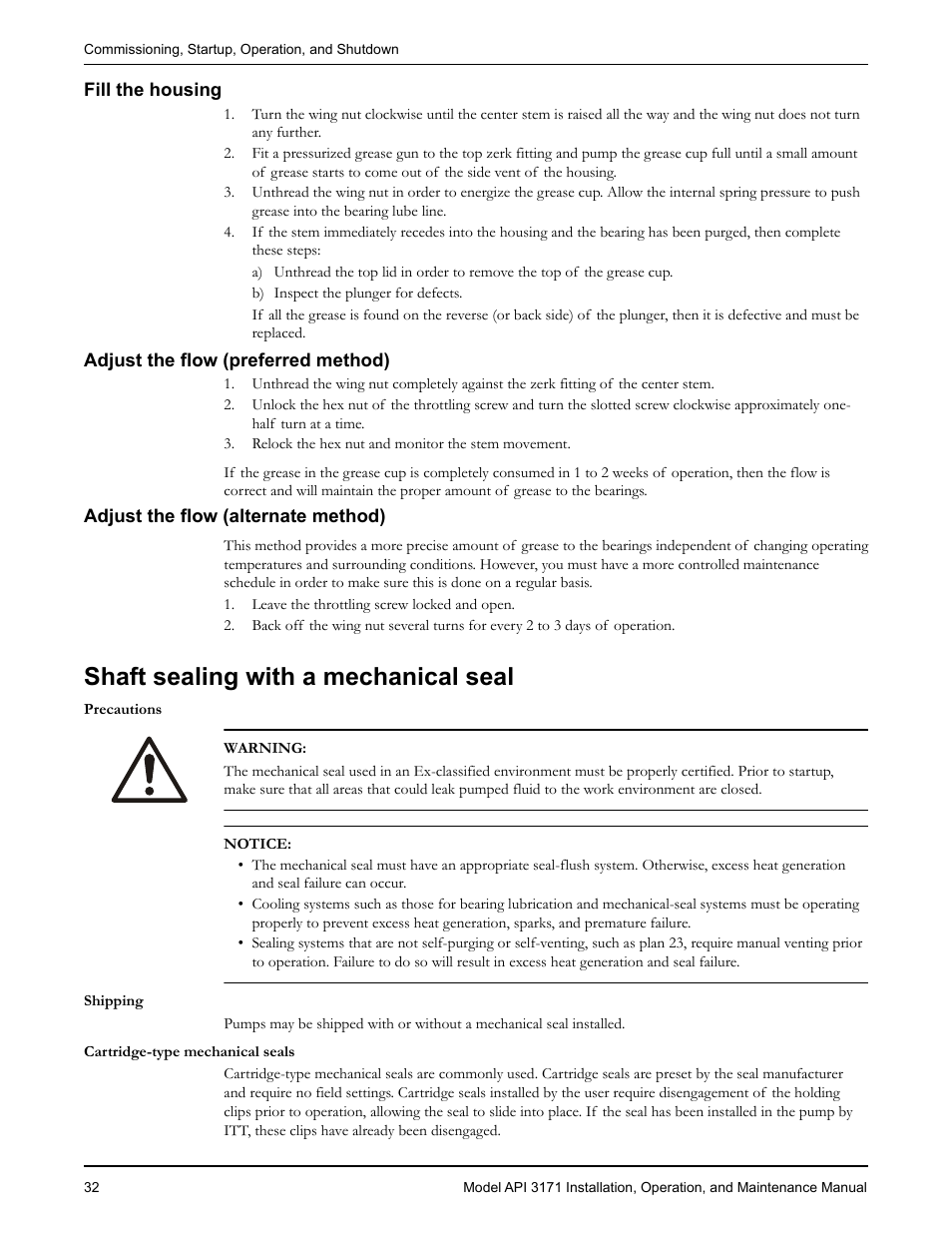 Fill the housing, Adjust the flow (preferred method), Adjust the flow (alternate method) | Shaft sealing with a mechanical seal | Goulds Pumps API 3171 - IOM User Manual | Page 34 / 66