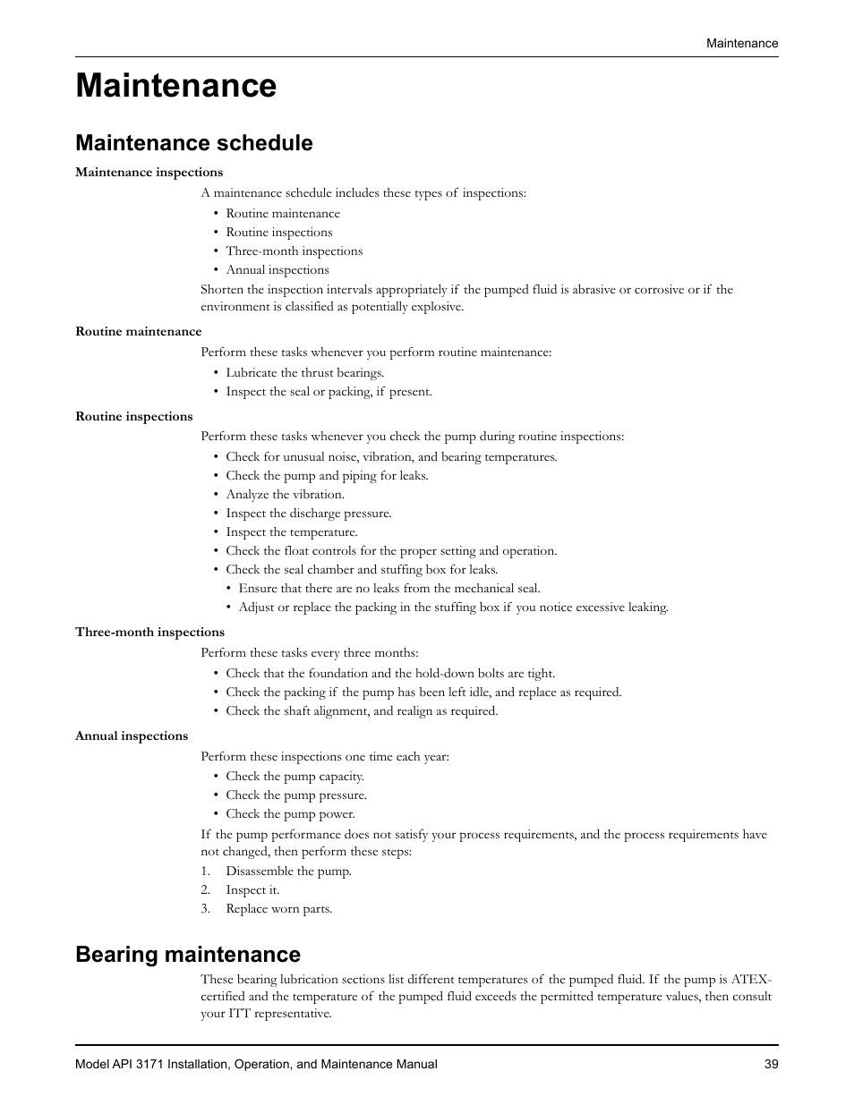 Maintenance, Maintenance schedule, Bearing maintenance | Maintenance schedule bearing maintenance | Goulds Pumps API 3171 - IOM User Manual | Page 41 / 66