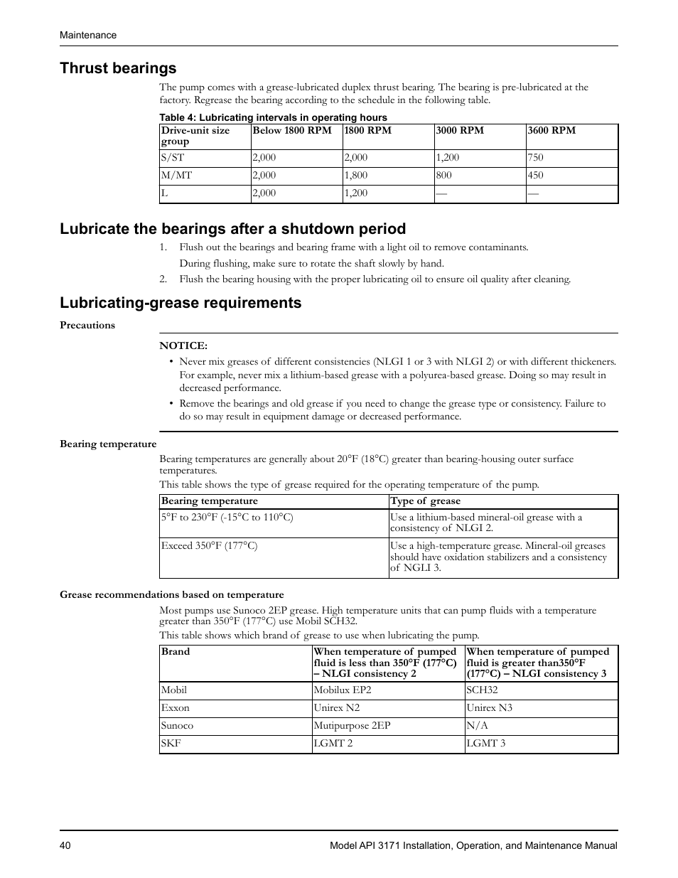Thrust bearings, Lubricate the bearings after a shutdown period, Lubricating-grease requirements | Goulds Pumps API 3171 - IOM User Manual | Page 42 / 66