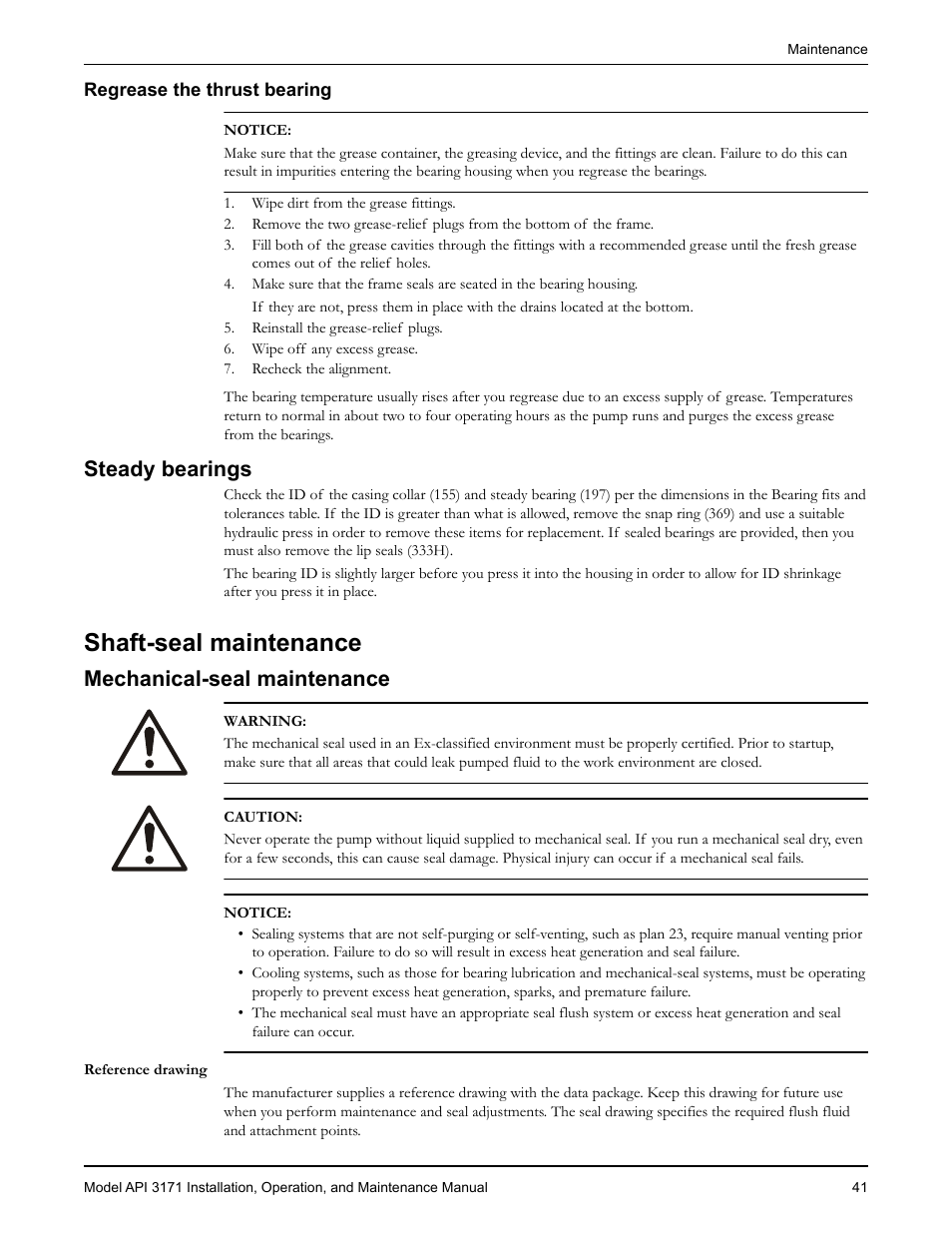 Regrease the thrust bearing, Steady bearings, Shaft-seal maintenance | Mechanical-seal maintenance | Goulds Pumps API 3171 - IOM User Manual | Page 43 / 66