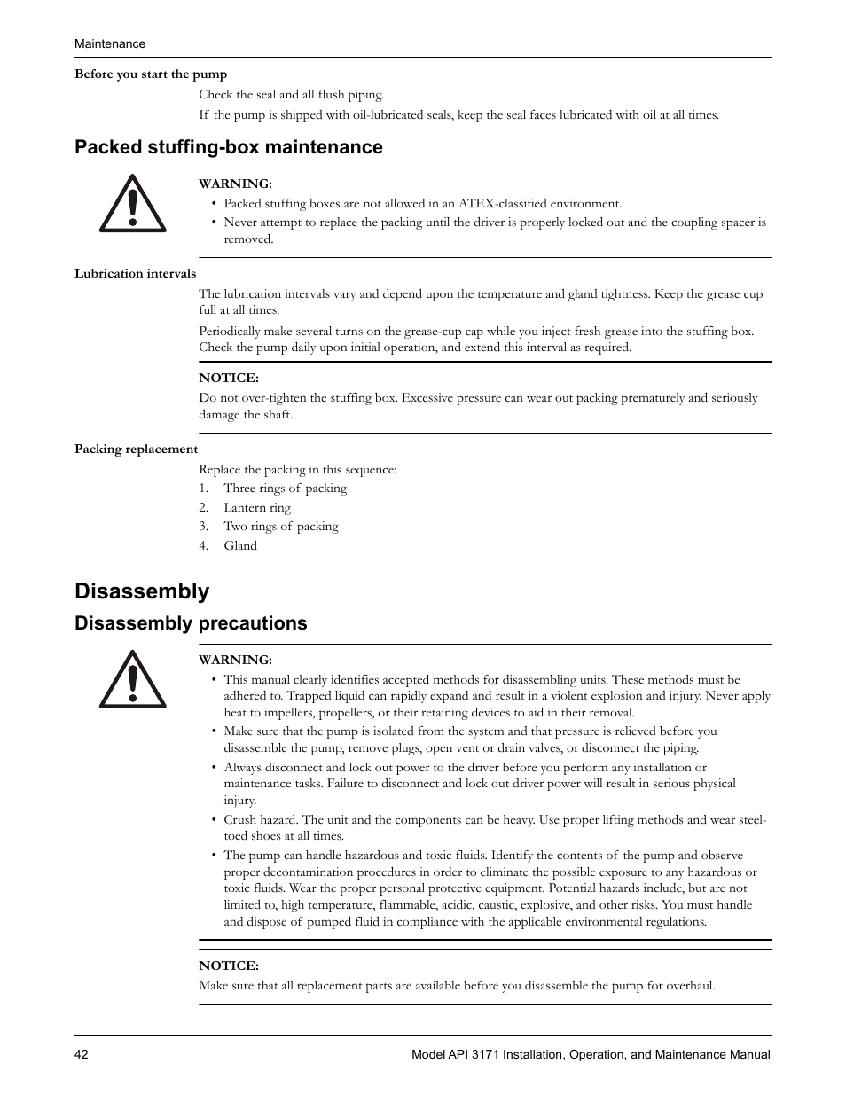 Packed stuffing-box maintenance, Disassembly, Disassembly precautions | Ked stuffing-box maintenance | Goulds Pumps API 3171 - IOM User Manual | Page 44 / 66