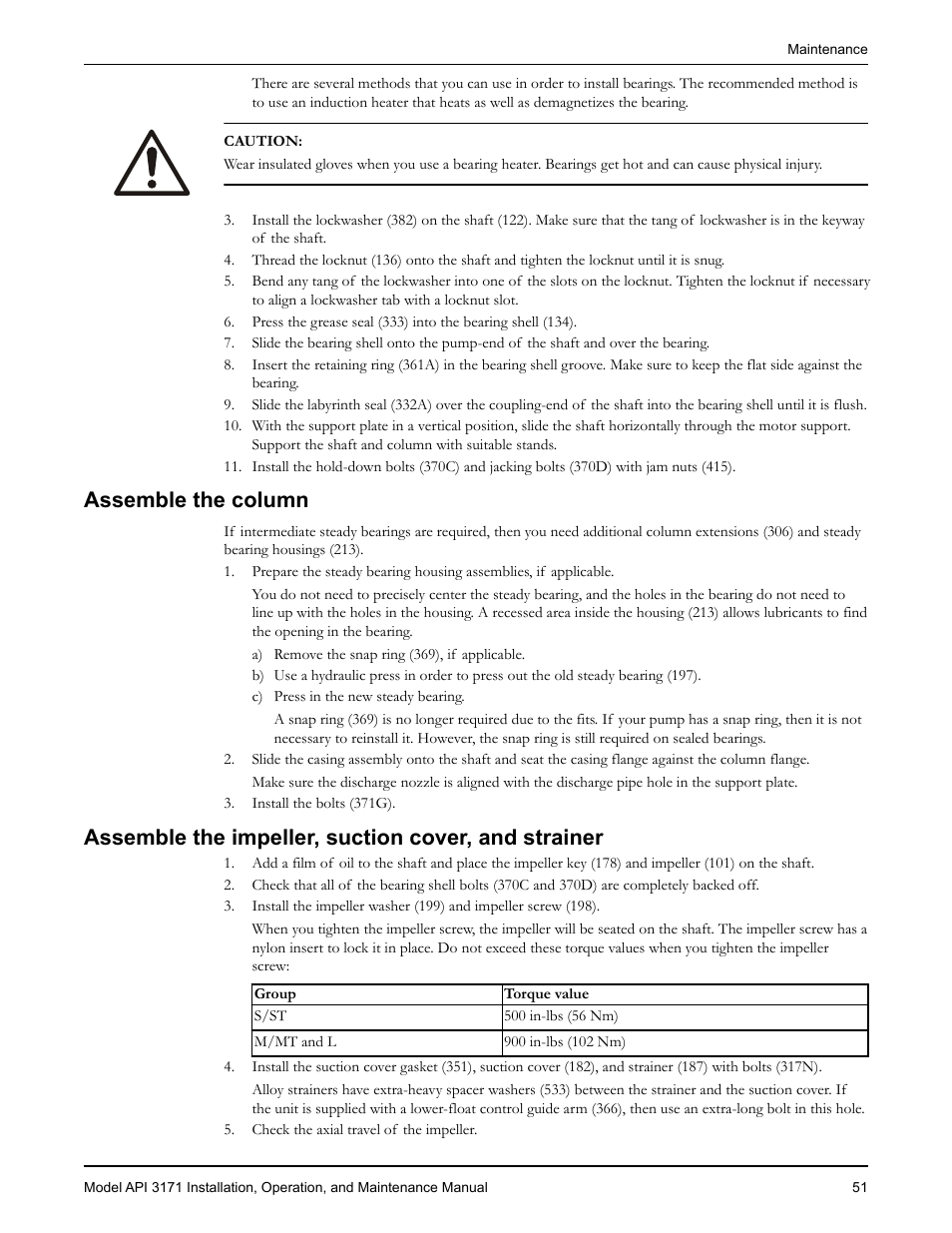 Assemble the column, Assemble the impeller, suction cover, and strainer | Goulds Pumps API 3171 - IOM User Manual | Page 53 / 66