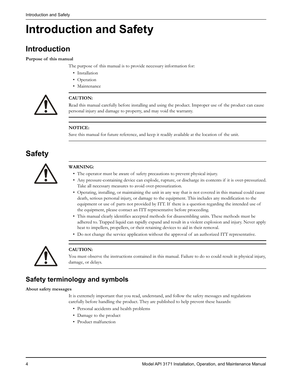 Introduction and safety, Introduction, Safety | Safety terminology and symbols, Introduction safety | Goulds Pumps API 3171 - IOM User Manual | Page 6 / 66