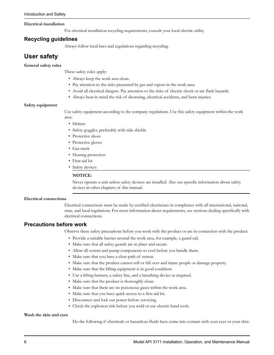 Recycling guidelines, User safety, Precautions before work | Wash the skin and eyes | Goulds Pumps API 3171 - IOM User Manual | Page 8 / 66