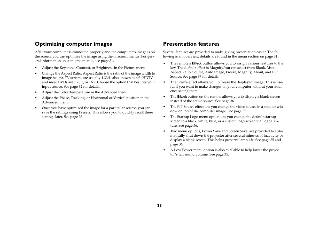 Optimizing computer images, Presentation features | Ask Proxima C440/C450 User Manual | Page 31 / 61