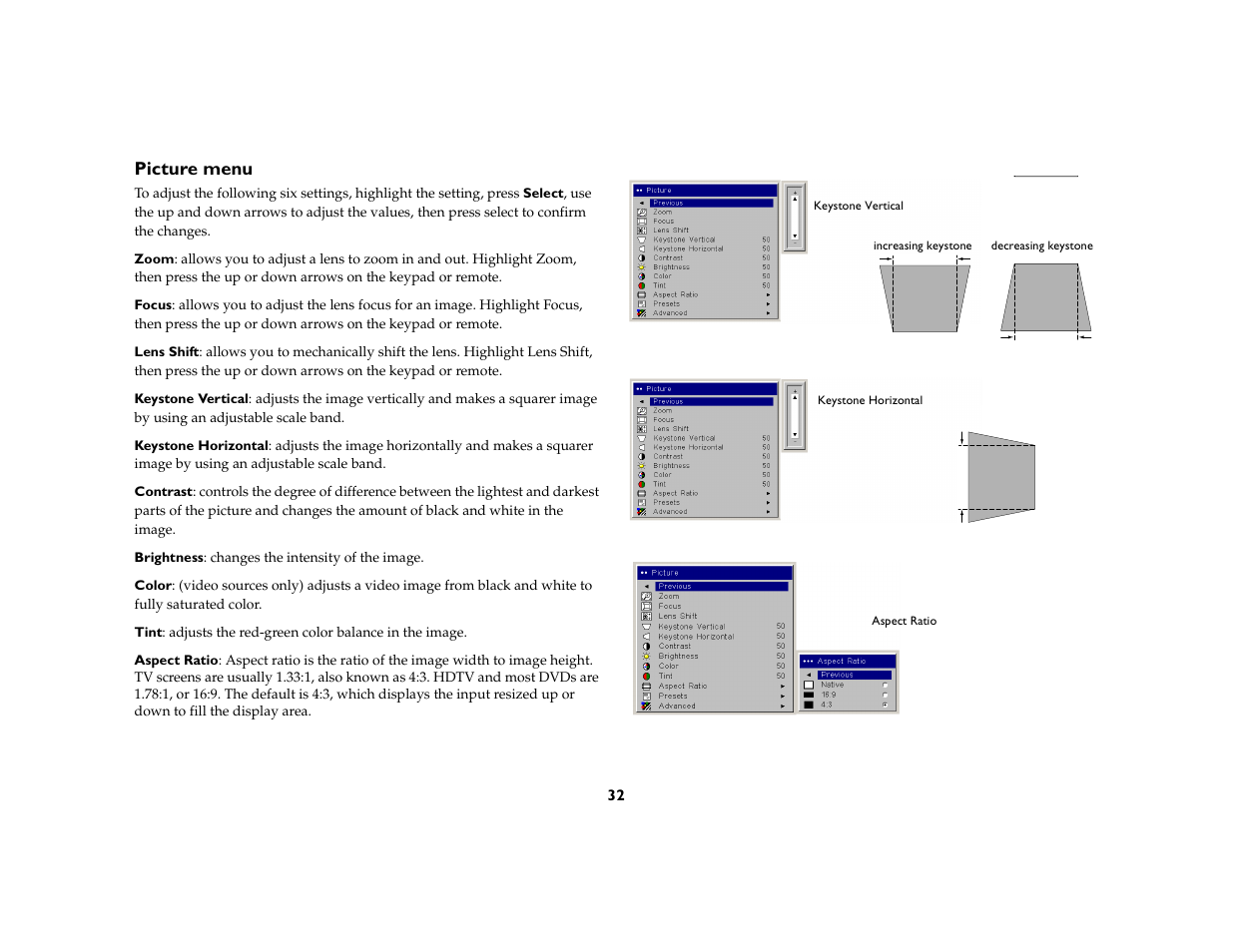 Picture menu | Ask Proxima C440/C450 User Manual | Page 34 / 61