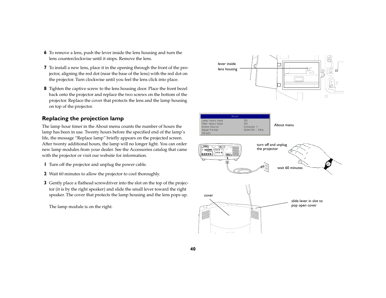 Replacing the projection lamp | Ask Proxima C440/C450 User Manual | Page 42 / 61
