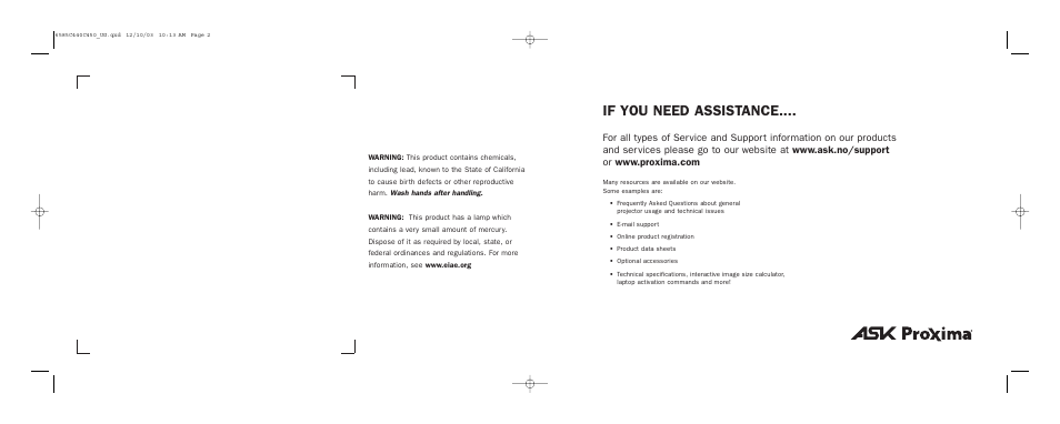 If you need assistance | Ask Proxima C440/C450 User Manual | Page 60 / 61