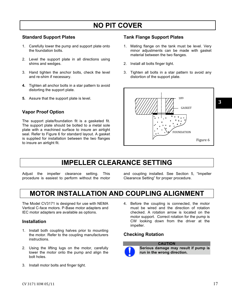 No pit cover, Impeller clearance setting, Motor installation and coupling alignment | Goulds Pumps CV 3171 - IOM User Manual | Page 17 / 53