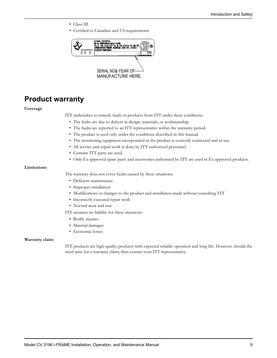 Product warranty | Goulds Pumps CV 3196 i-FRAME - IOM User Manual | Page 11 / 152