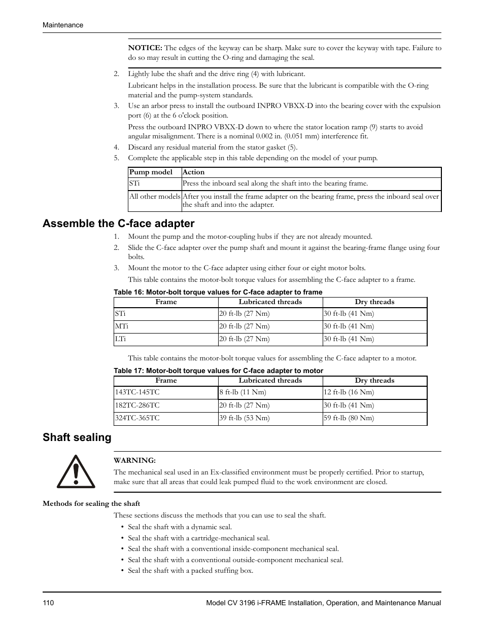 Assemble the c-face adapter, Shaft sealing, Assemble the c-face adapter shaft sealing | Goulds Pumps CV 3196 i-FRAME - IOM User Manual | Page 112 / 152