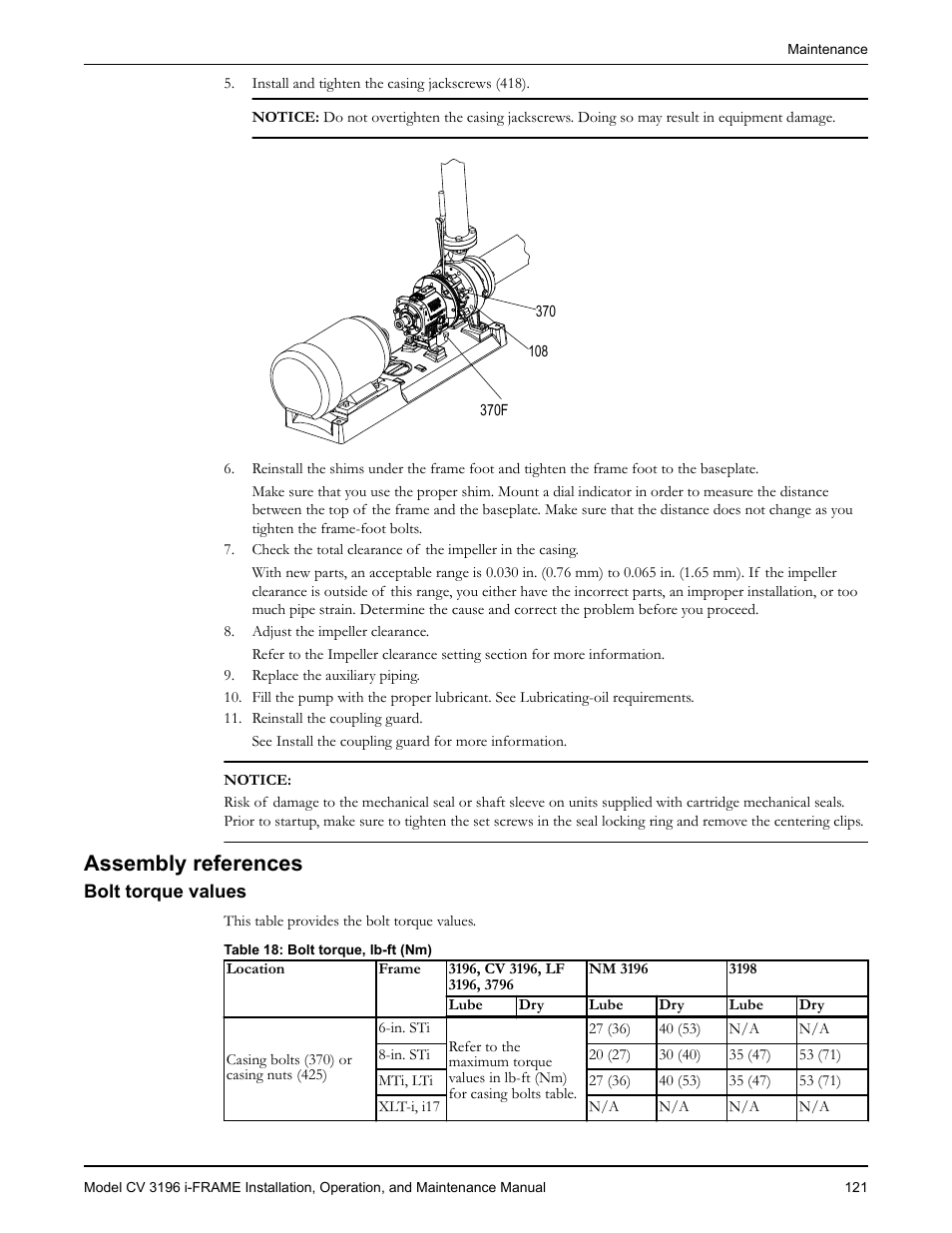 Assembly references, Bolt torque values | Goulds Pumps CV 3196 i-FRAME - IOM User Manual | Page 123 / 152