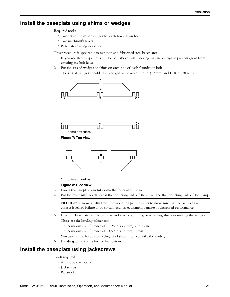 Install the baseplate using shims or wedges, Install the baseplate using jackscrews | Goulds Pumps CV 3196 i-FRAME - IOM User Manual | Page 23 / 152