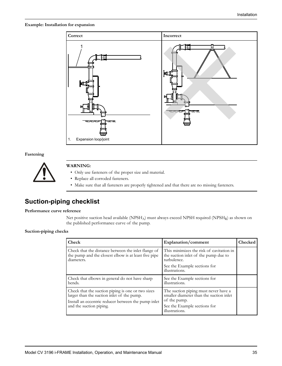 Fastening, Suction-piping checklist | Goulds Pumps CV 3196 i-FRAME - IOM User Manual | Page 37 / 152