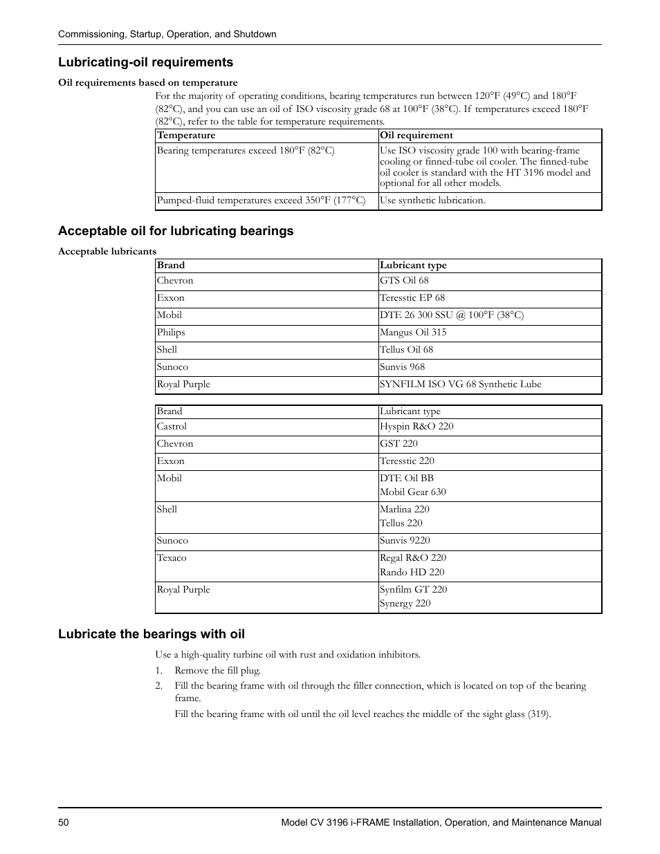 Lubricating-oil requirements, Acceptable oil for lubricating bearings, Lubricate the bearings with oil | Goulds Pumps CV 3196 i-FRAME - IOM User Manual | Page 52 / 152