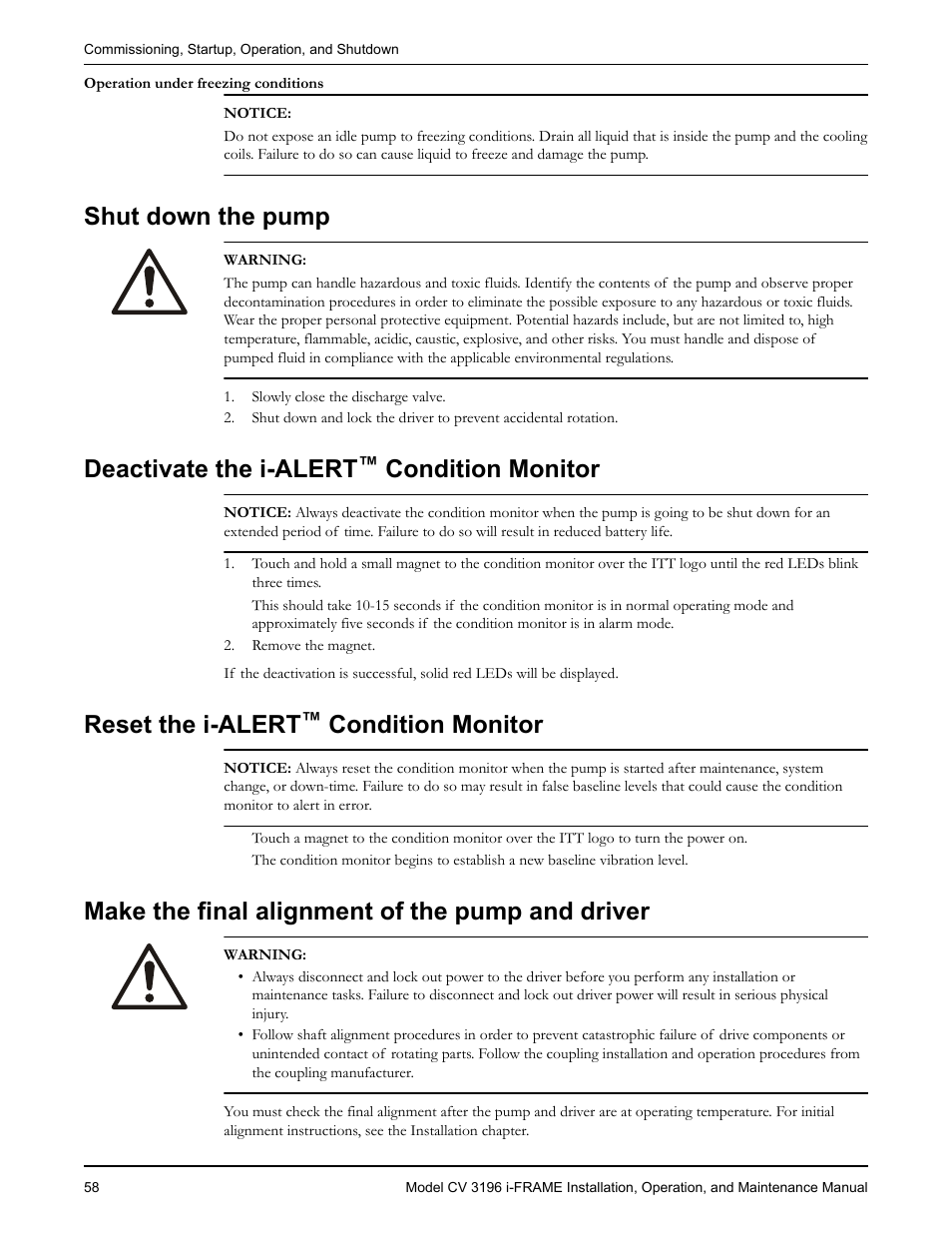 Shut down the pump, Deactivate the i-alert™ condition monitor, Reset the i-alert™ condition monitor | Make the final alignment of the pump and driver, Shut down the pump deactivate the i-alert, Condition monitor, Eset the i-alert, Deactivate the i-alert, Reset the i-alert | Goulds Pumps CV 3196 i-FRAME - IOM User Manual | Page 60 / 152