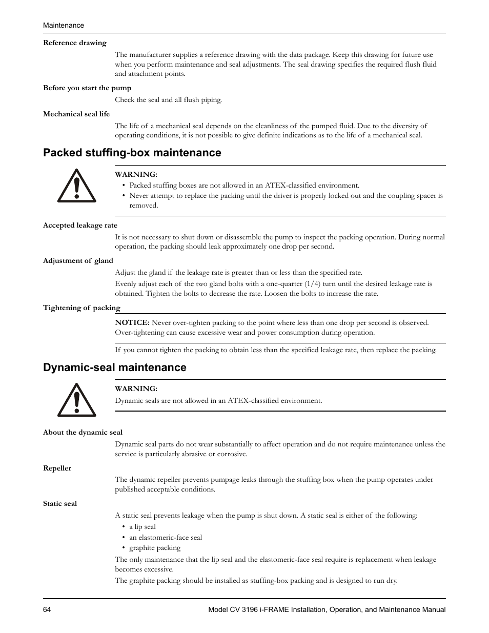Packed stuffing-box maintenance, Dynamic-seal maintenance | Goulds Pumps CV 3196 i-FRAME - IOM User Manual | Page 66 / 152