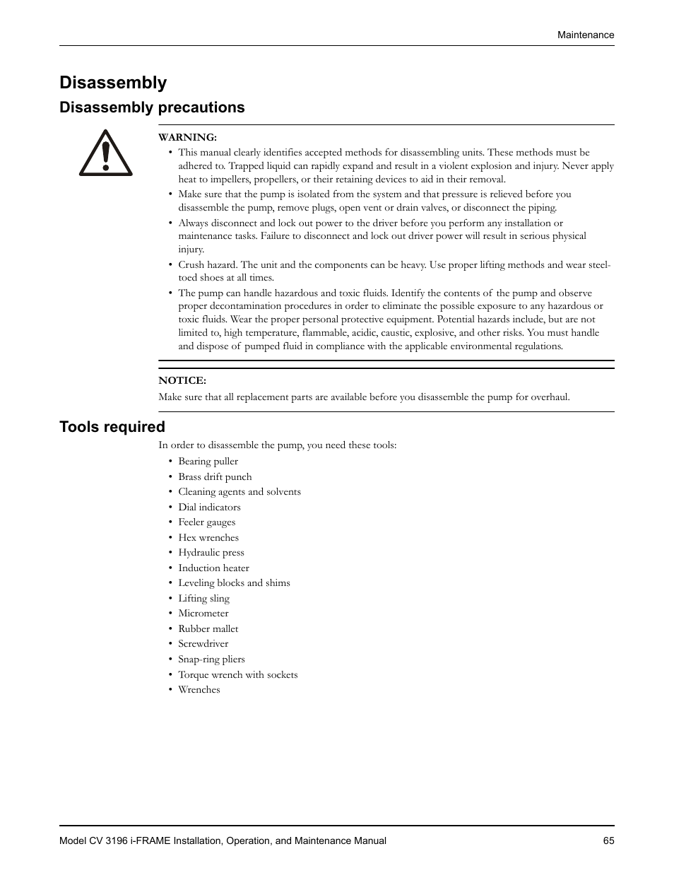Disassembly, Disassembly precautions, Tools required | Ools required | Goulds Pumps CV 3196 i-FRAME - IOM User Manual | Page 67 / 152
