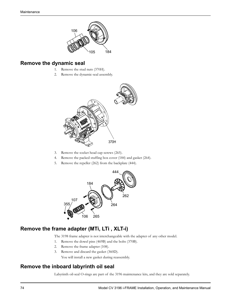 Remove the dynamic seal, Remove the frame adapter (mti, lti , xlt-i), Remove the inboard labyrinth oil seal | Emove the dynamic seal, Emove the frame adapter (mti, lti , xlt-i), Emove the inboard labyrinth oil seal | Goulds Pumps CV 3196 i-FRAME - IOM User Manual | Page 76 / 152