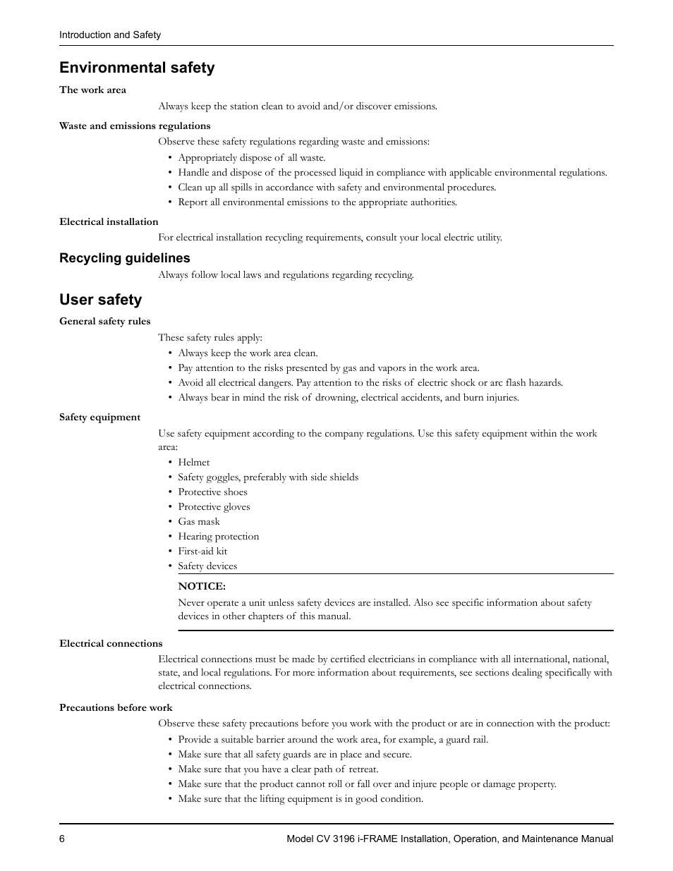 Environmental safety, Recycling guidelines, User safety | Precautions before work, Vironmental safety user safety | Goulds Pumps CV 3196 i-FRAME - IOM User Manual | Page 8 / 152