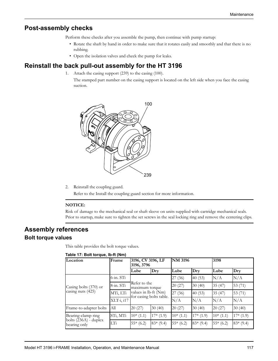 Post-assembly checks, Assembly references, Bolt torque values | Ost-assembly checks | Goulds Pumps HT 3196 i-FRAME - IOM User Manual | Page 119 / 148