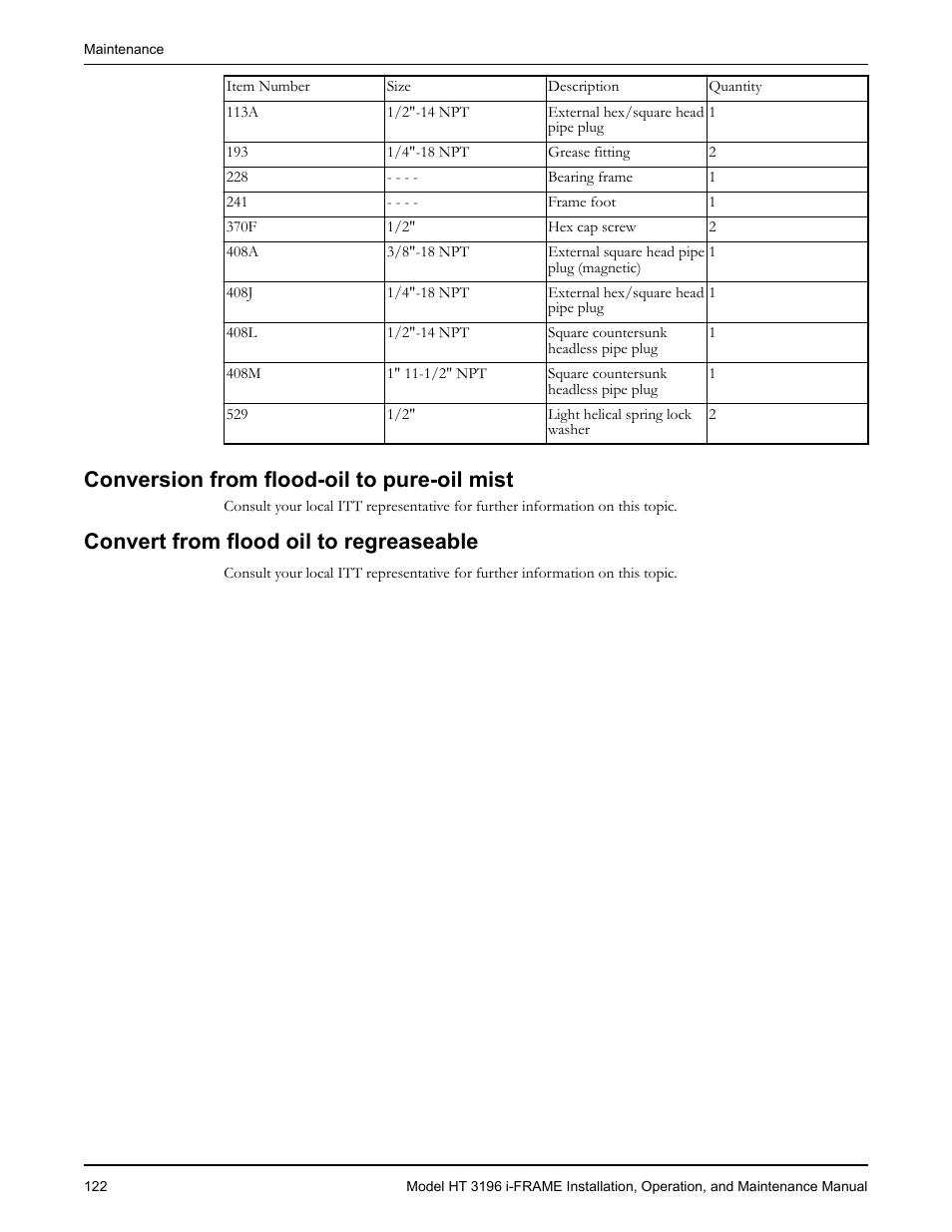 Conversion from flood-oil to pure-oil mist, Convert from flood oil to regreaseable | Goulds Pumps HT 3196 i-FRAME - IOM User Manual | Page 124 / 148